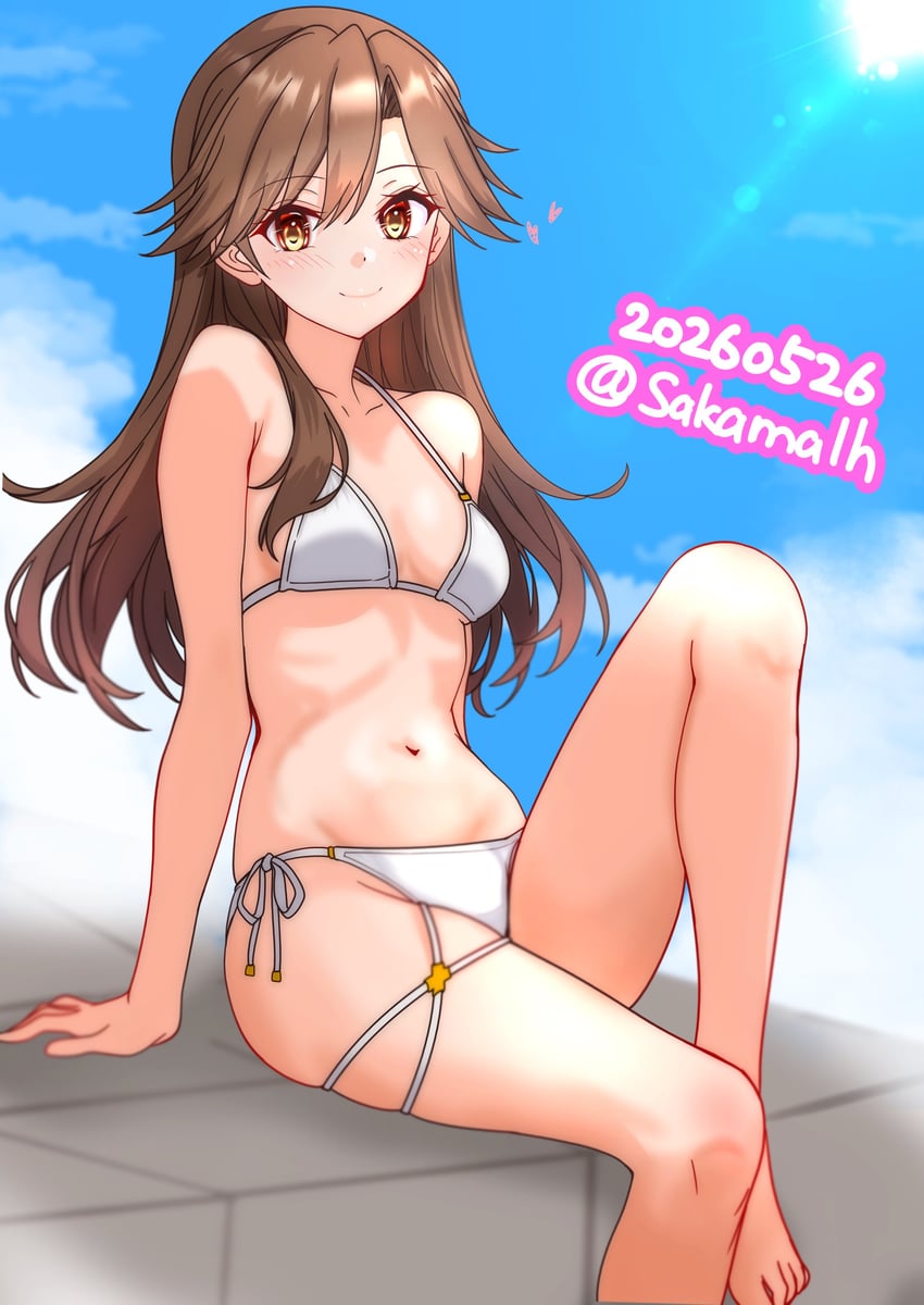 舰队Collection、荒潮 (舰队收藏) 1名女孩 比基尼 蓝天 乳房 棕眼睛