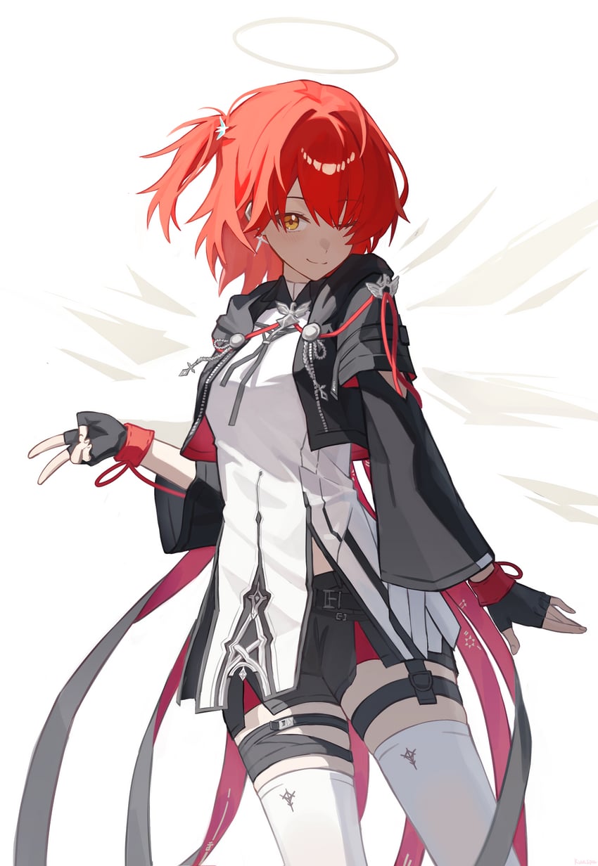 明日方舟、能天使 (明日方舟)、能天使 (新约) (明日方舟) 1名女孩 黑色手套 黑色夹克 黑色短裤 闭嘴