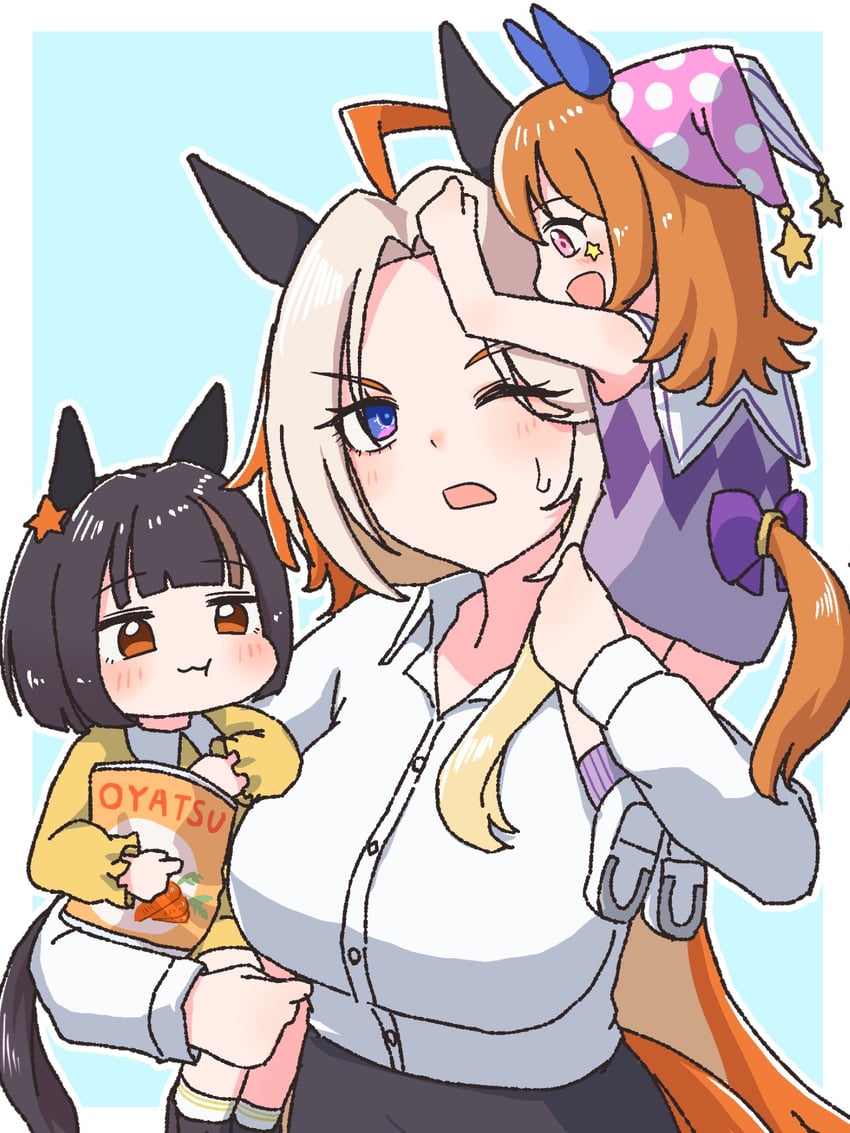 原创、赛马娘、juryoku pierrot (racehorse) 3人女子 惊讶 惊讶脸 呆毛 异形乳量 (大)