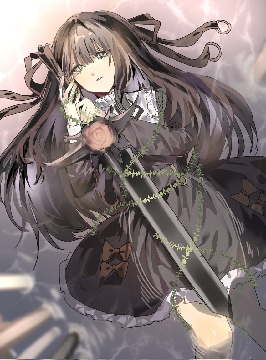韵律源点 Arcaea、对立 (Arcaea)、对立（Axium）（音弧） 1名女孩 围兜领 黑色连衣裙 黑发 蓝眼