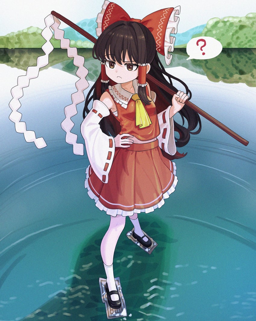 东方Project、博丽灵梦 1名女孩 问号 露肩 蝴蝶结 棕发