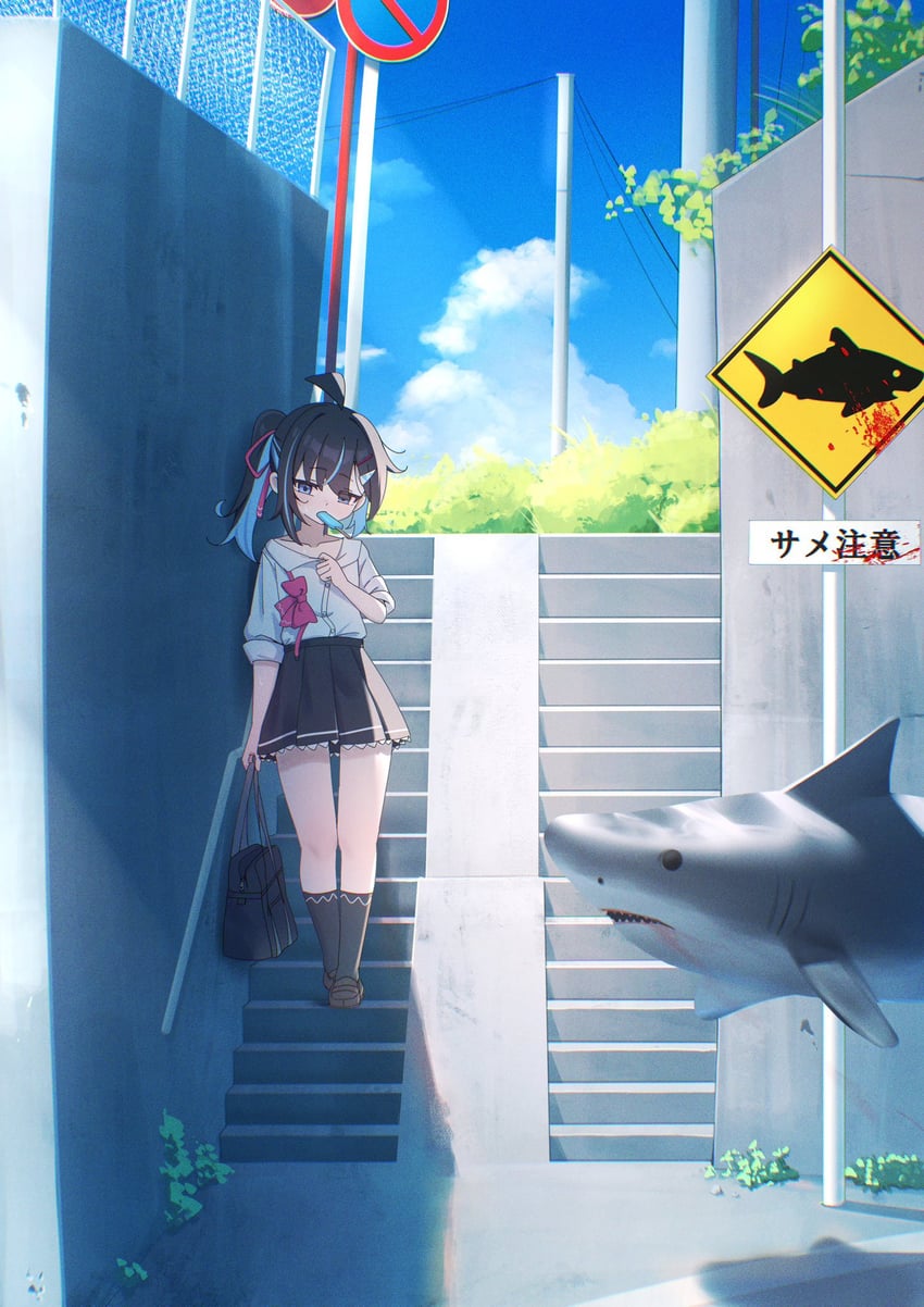 原创 1名女孩 呆毛 黑发 血 溅血