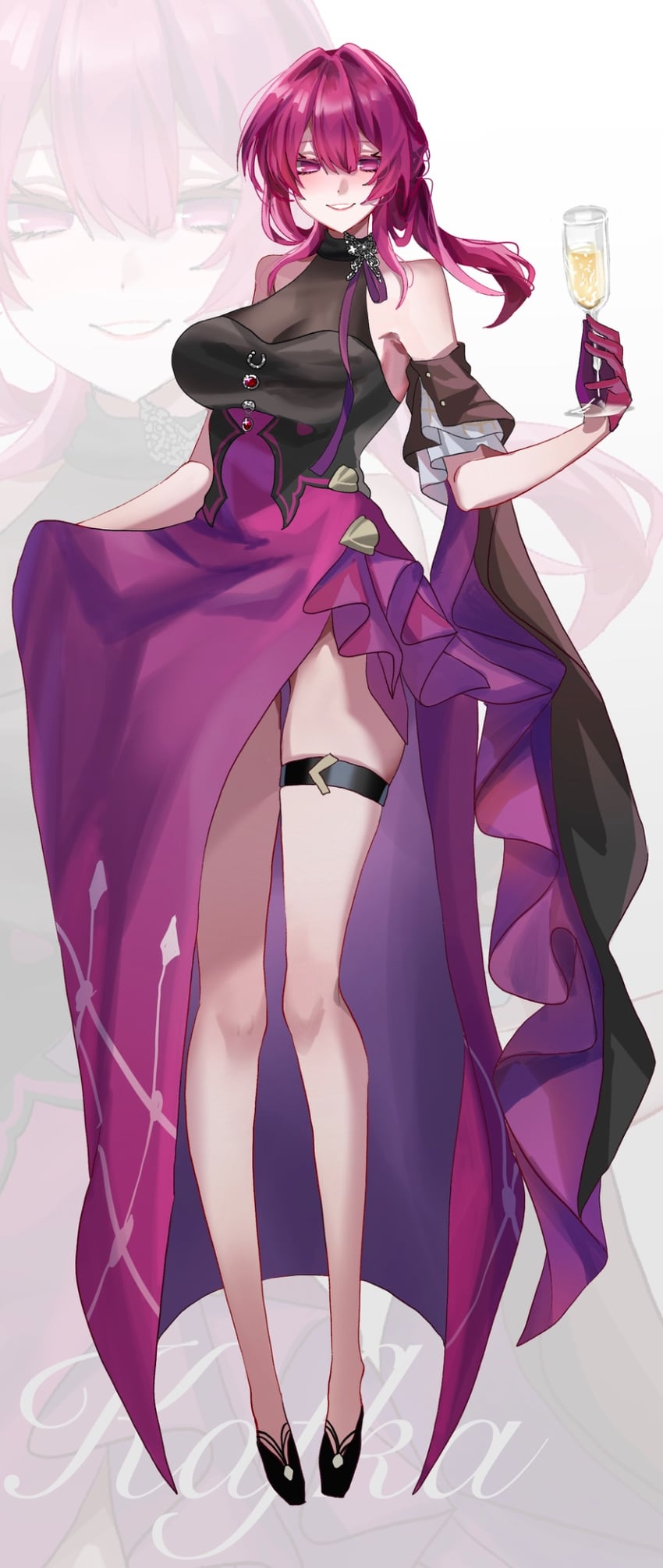 崩坏：星穹铁道、崩坏系列、卡芙卡 (崩坏：星穹铁道) 1名女孩 露肩 黑色连衣裙 黑鞋 黑色袖子