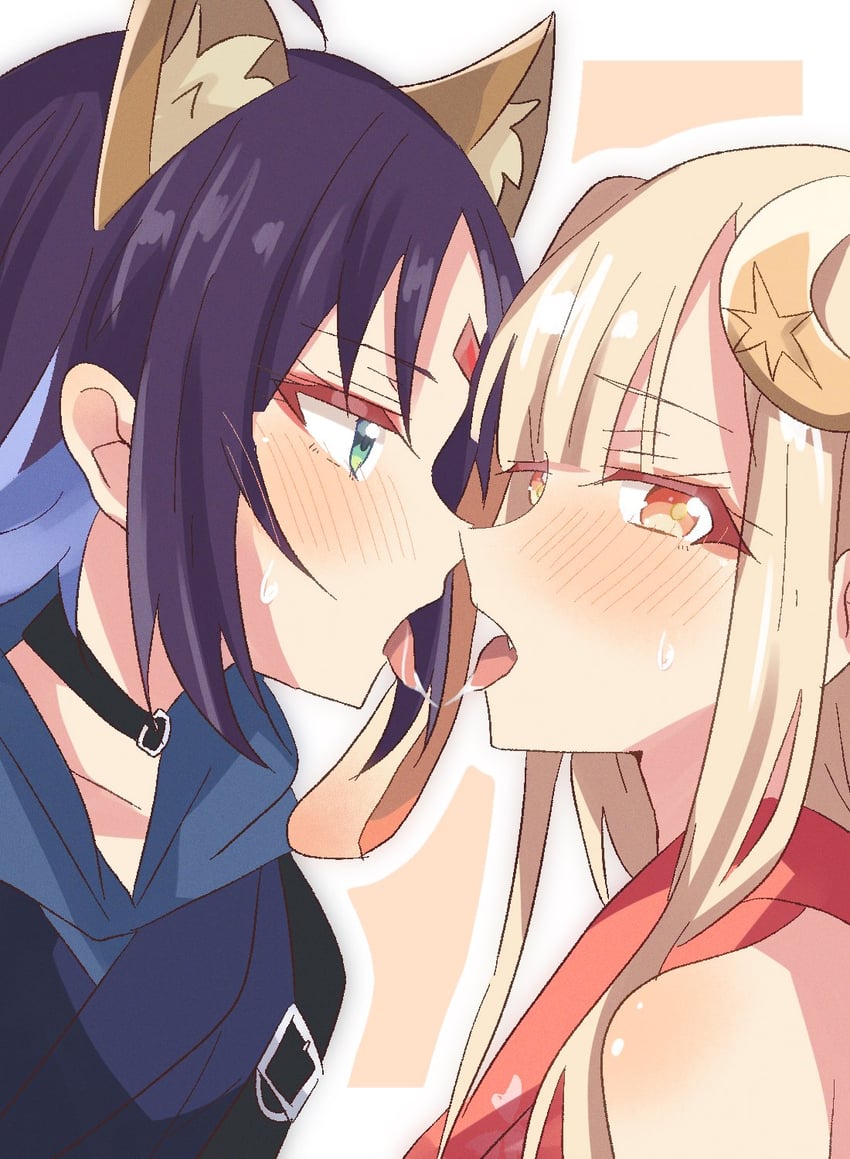 超辉夜姬!、辉夜 (超辉夜姬!)、坂寄伊吕波 2名女孩 亲吻后 兽耳 移开视线 露肩