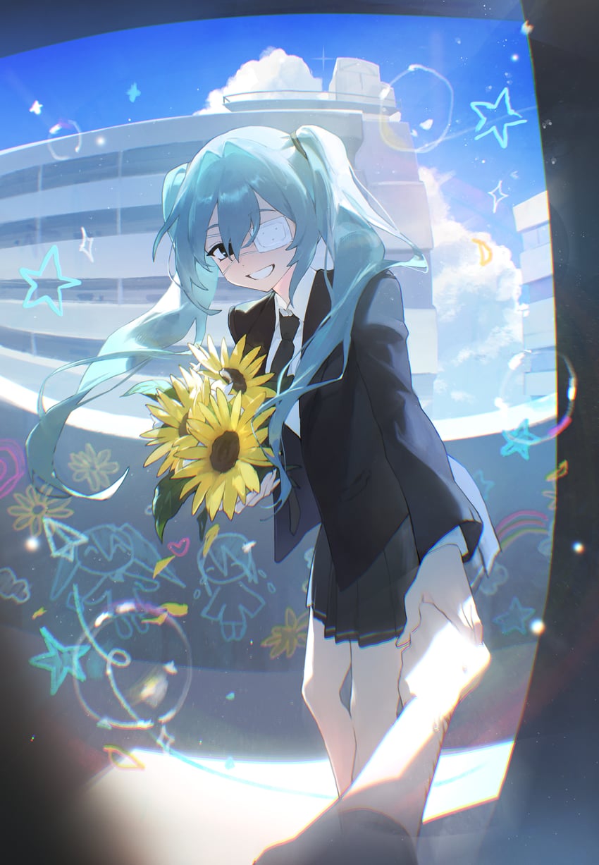 监控 (Vocaloid)、VOCALOID、初音未来 1名女孩 1个其他角色 :D 黑色夹克 黑色领带