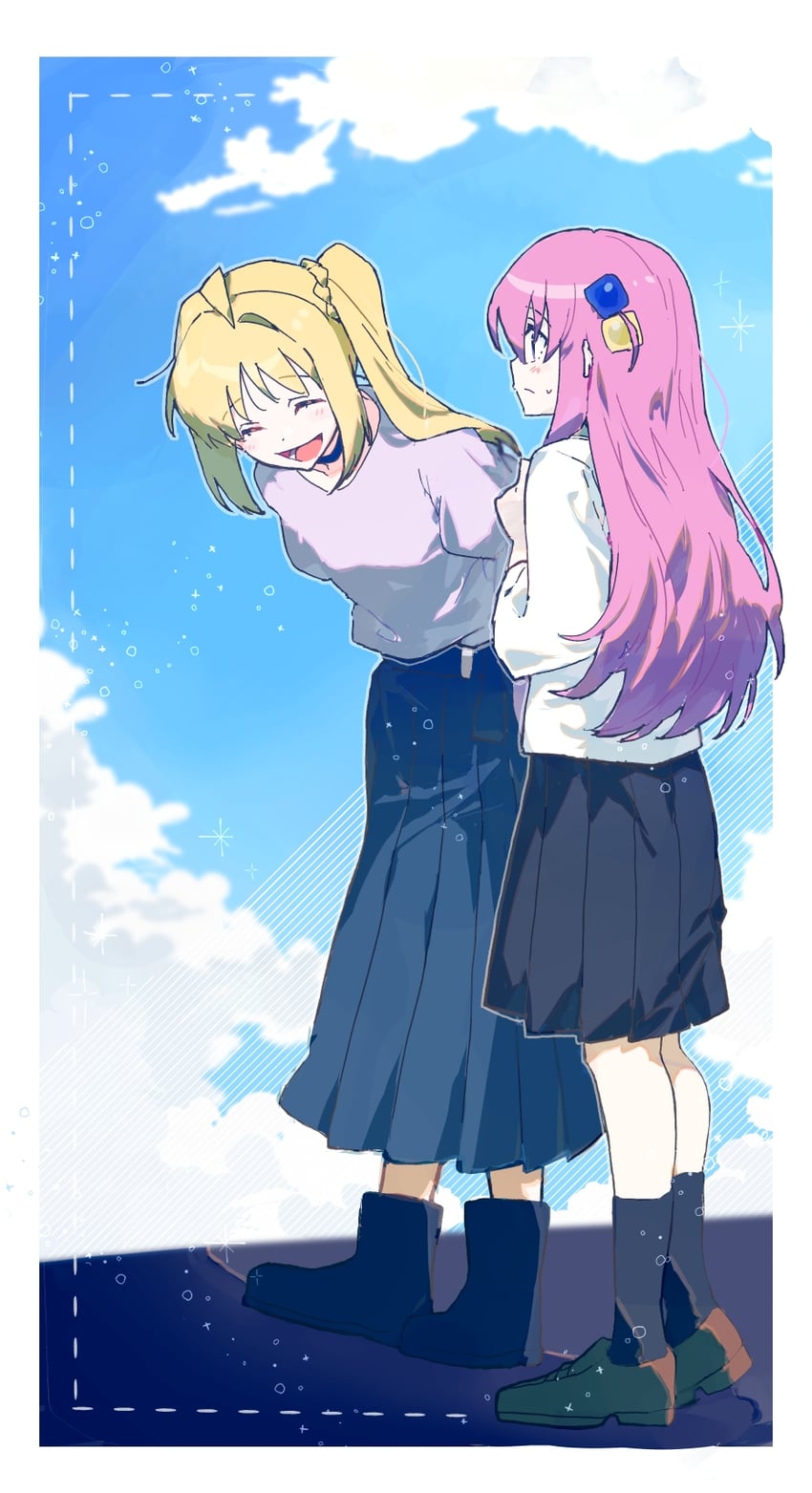 孤独摇滚！、后藤一里、伊地知虹夏 2名女孩 :D 微笑 呆毛 黑色靴子