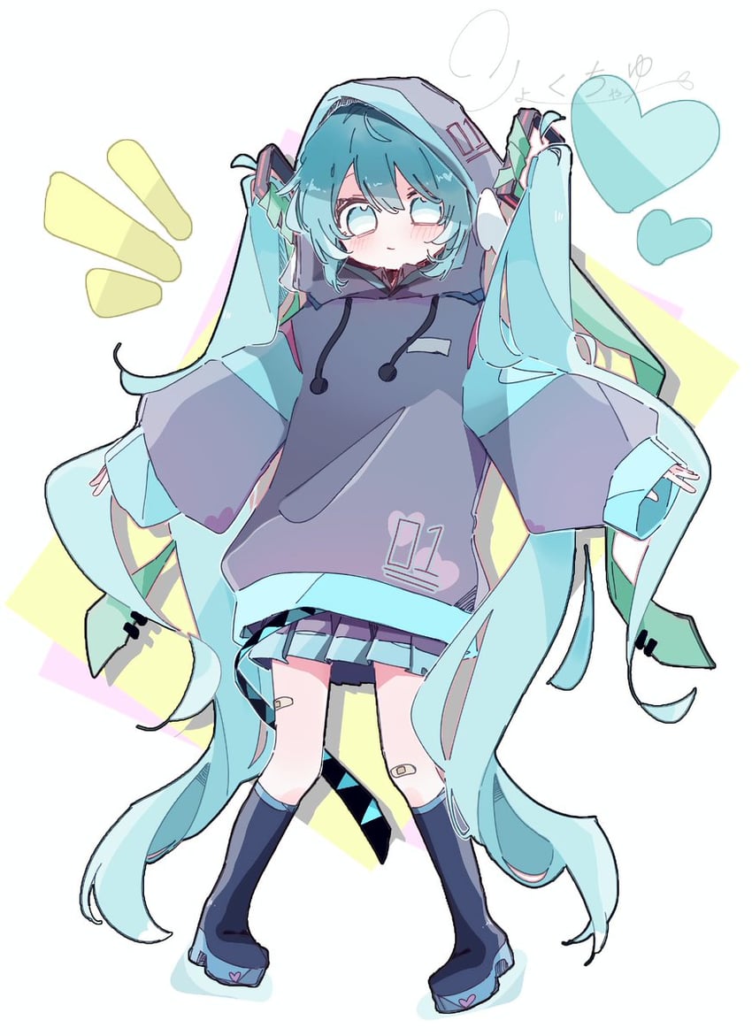 VOCALOID、初音未来 1名女孩 A字姿态 水色瞳 水色发 创可贴