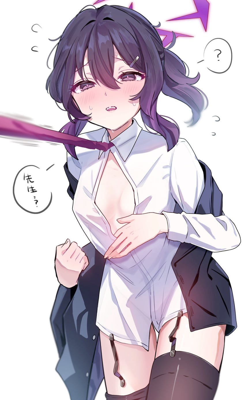 蔚蓝档案、遥 (蔚蓝档案)、遥 (西装) (蔚蓝档案) 1名女孩 问号 黑色夹克 黑色过膝袜 脸红