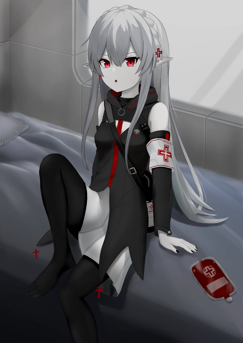 明日方舟、华法琳 (明日方舟) 1名女孩 臂章 露肩 黑色连裤袜 血