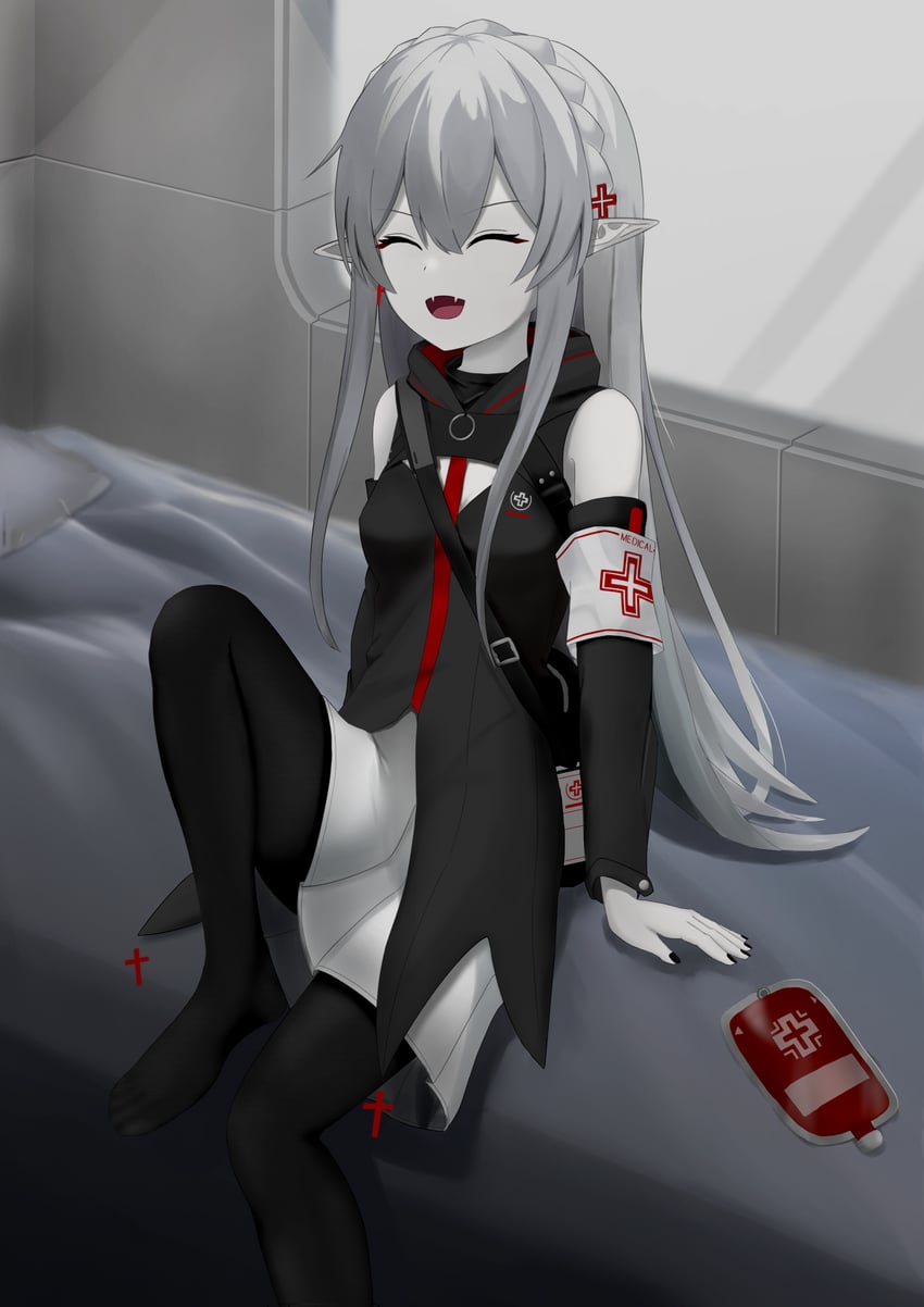 明日方舟、华法琳 (明日方舟) 1名女孩 臂章 露肩 黑色连裤袜 血