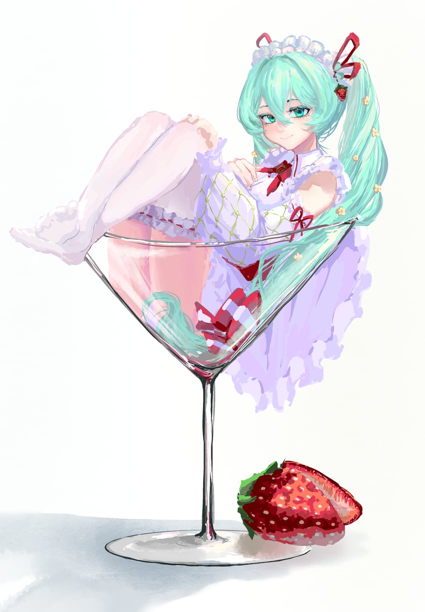 VOCALOID、初音未来、草莓未来 (森仓圆) 1名女孩 水色瞳 水色发 食物 荷叶边