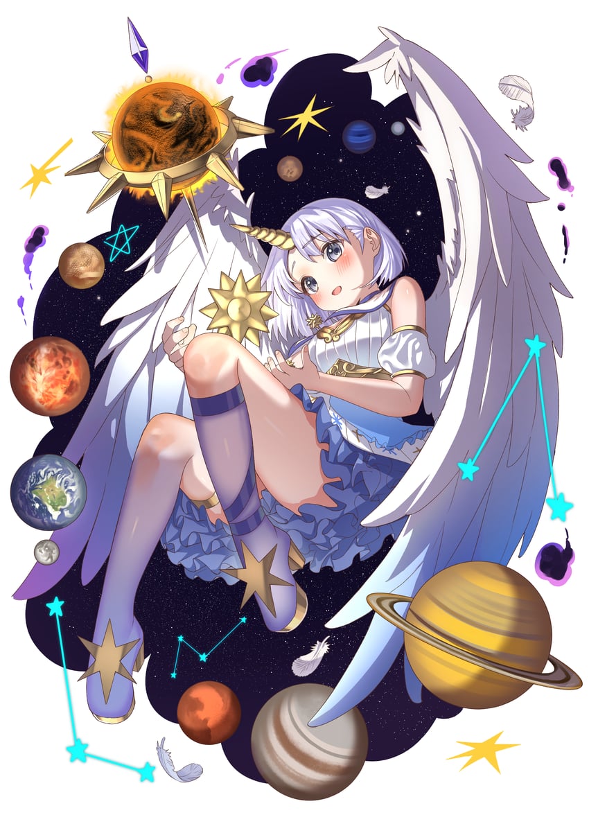 原创 1名女孩 天使翅膀 露肩 蓝裙子 脸红