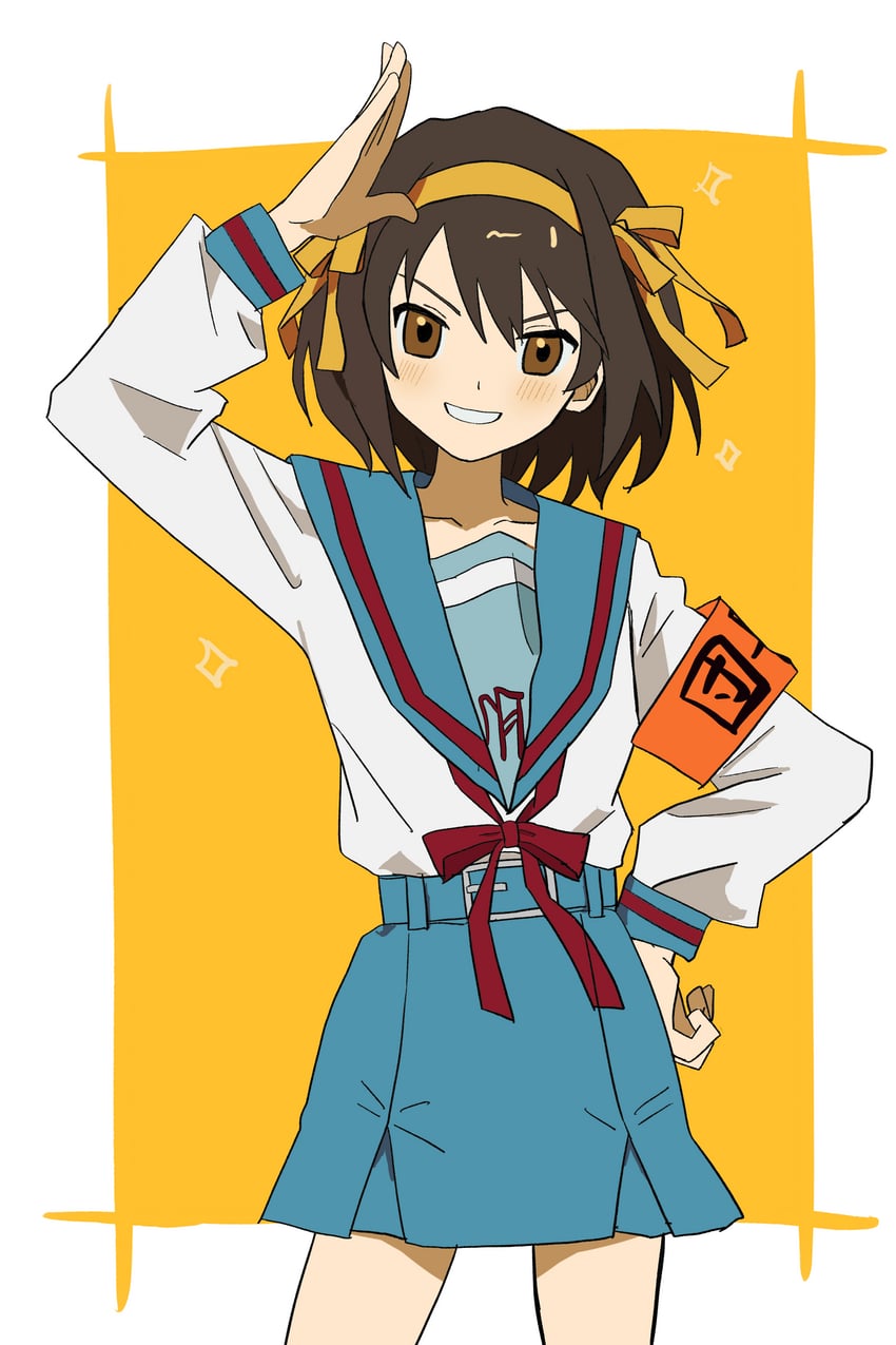 凉宫春日的忧郁、凉宫春日 1名女孩 举手 臂章 蓝色水手领 蓝裙子