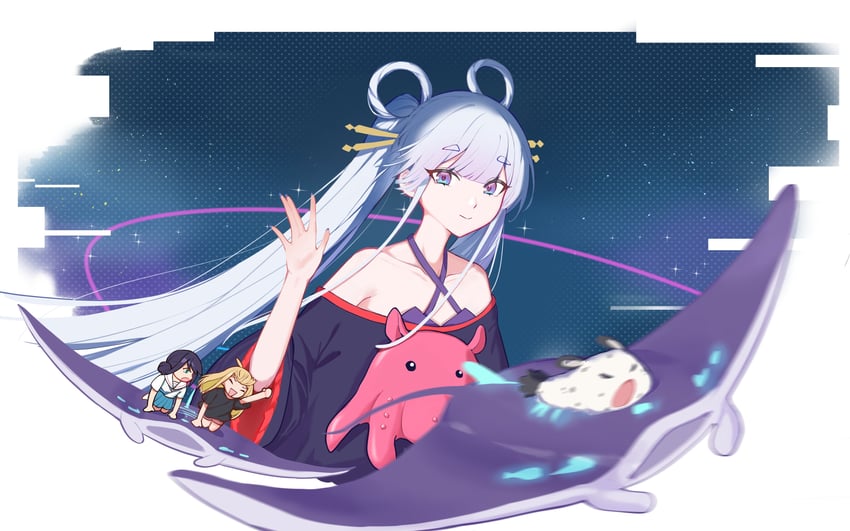 超辉夜姬!、不死 (超辉夜姬!)、辉夜 (超辉夜姬!) 3人女子 放射线条/杂草 呆毛 四肢着地 露肩