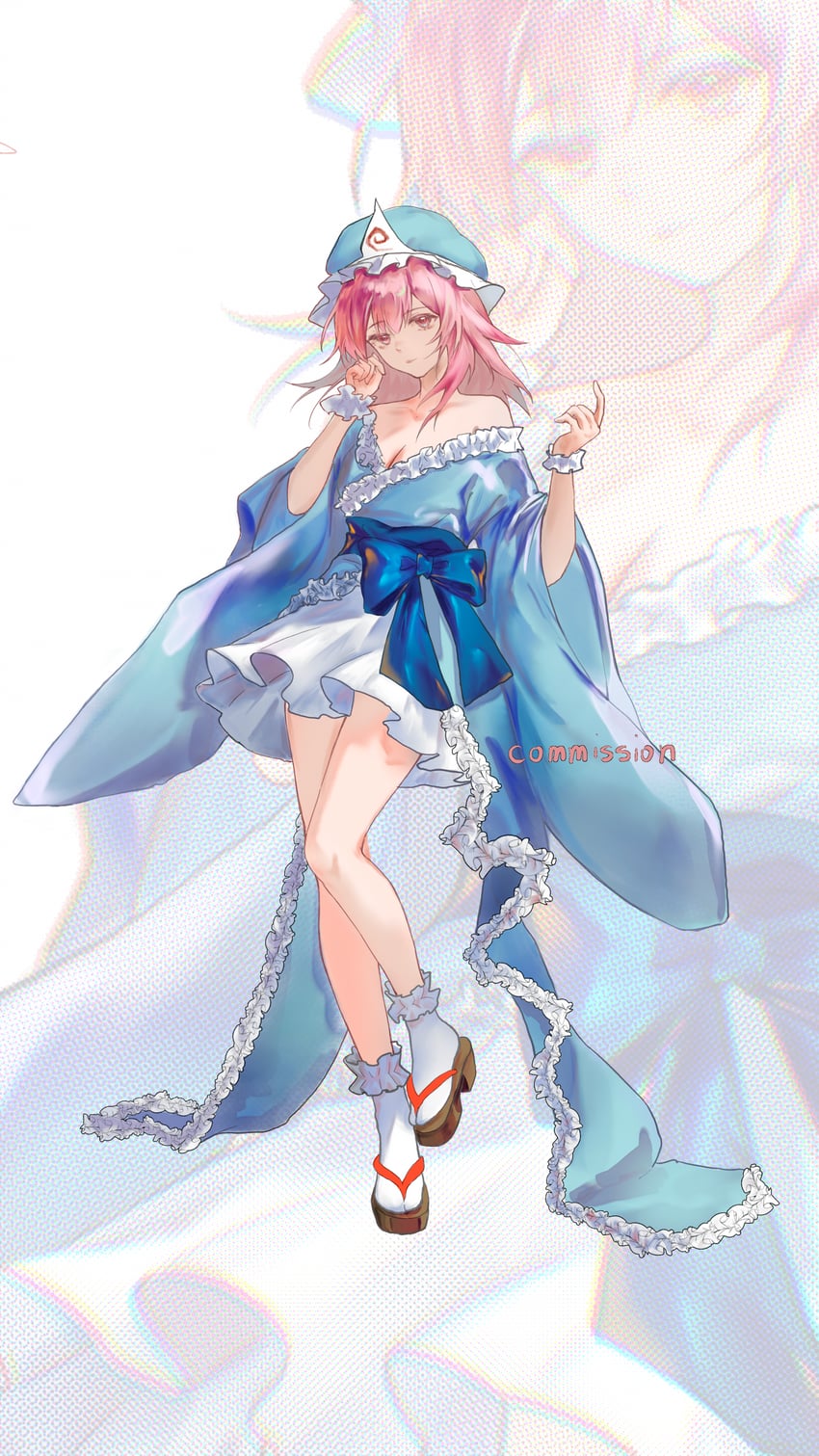 东方Project、西行寺幽幽子 1名女孩 蓝色蝴蝶结 蓝色连衣裙 蓝帽子 蓝色和服