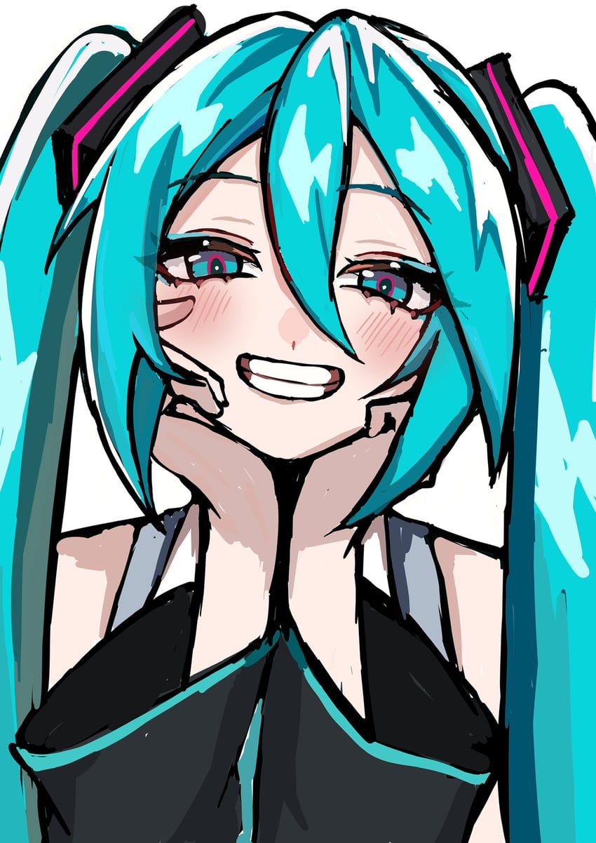 VOCALOID、初音未来、初音未来 (Vocaloid6) 1名女孩 水色瞳 水色发 黑色袖子 脸红