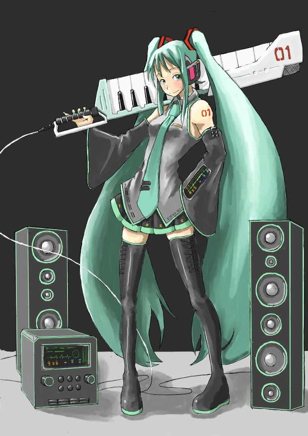 VOCALOID、初音未来 1名女孩 水色瞳 水色发 水蓝色领带 水蓝色饰边