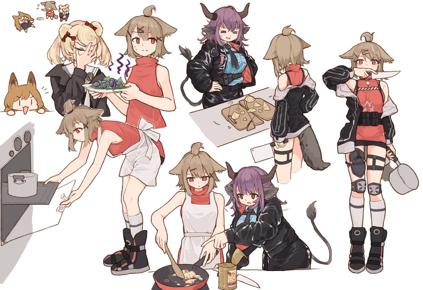 明日方舟、刻俄柏、刻刀 (明日方舟) 4个女孩 兽耳 围裙 烘焙 露肩