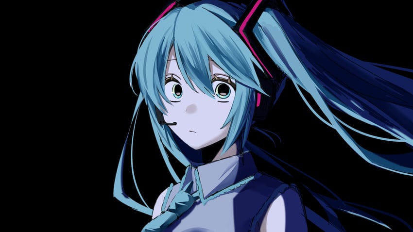 VOCALOID、初音未来 1名女孩 黑色背景 蓝眼 蓝发 有领衬衫