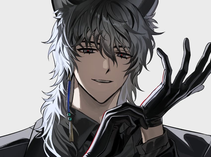 明日方舟、银灰 (明日方舟) 1名男孩 整理衣服 整理手套 兽耳毛 兽耳