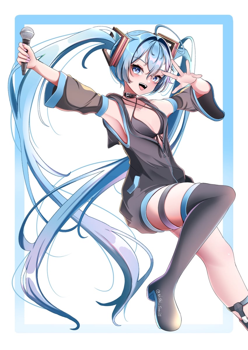 VOCALOID、初音未来 1名女孩 :D 呆毛 不对称腿部穿着 皮带项圈
