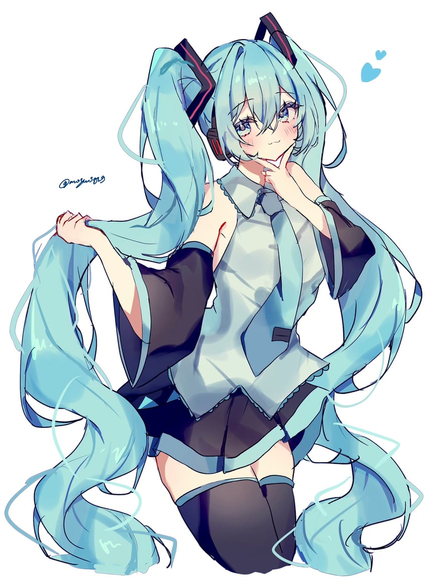 VOCALOID、初音未来 1名女孩 猫脸笑 水色瞳 水色发 水蓝色领带