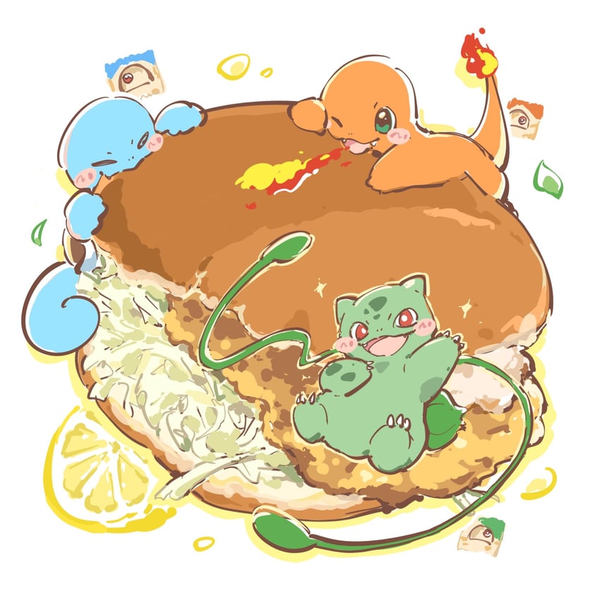 宝可梦、妙蛙种子、小火龙 脸红 鸡肉 爪子 闭眼 尖牙
