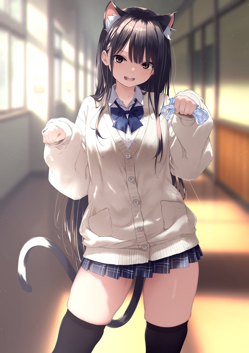 原创 1名女孩 兽耳毛 兽耳 黑发 黑色裙子