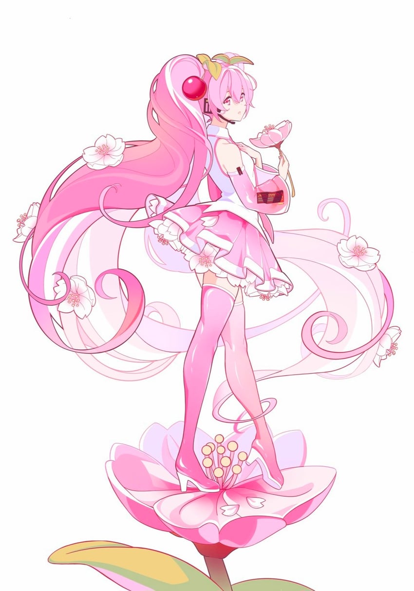 VOCALOID、初音未来、樱花未来 1名女孩 靴子 樱花 樱桃发饰 有领衬衫
