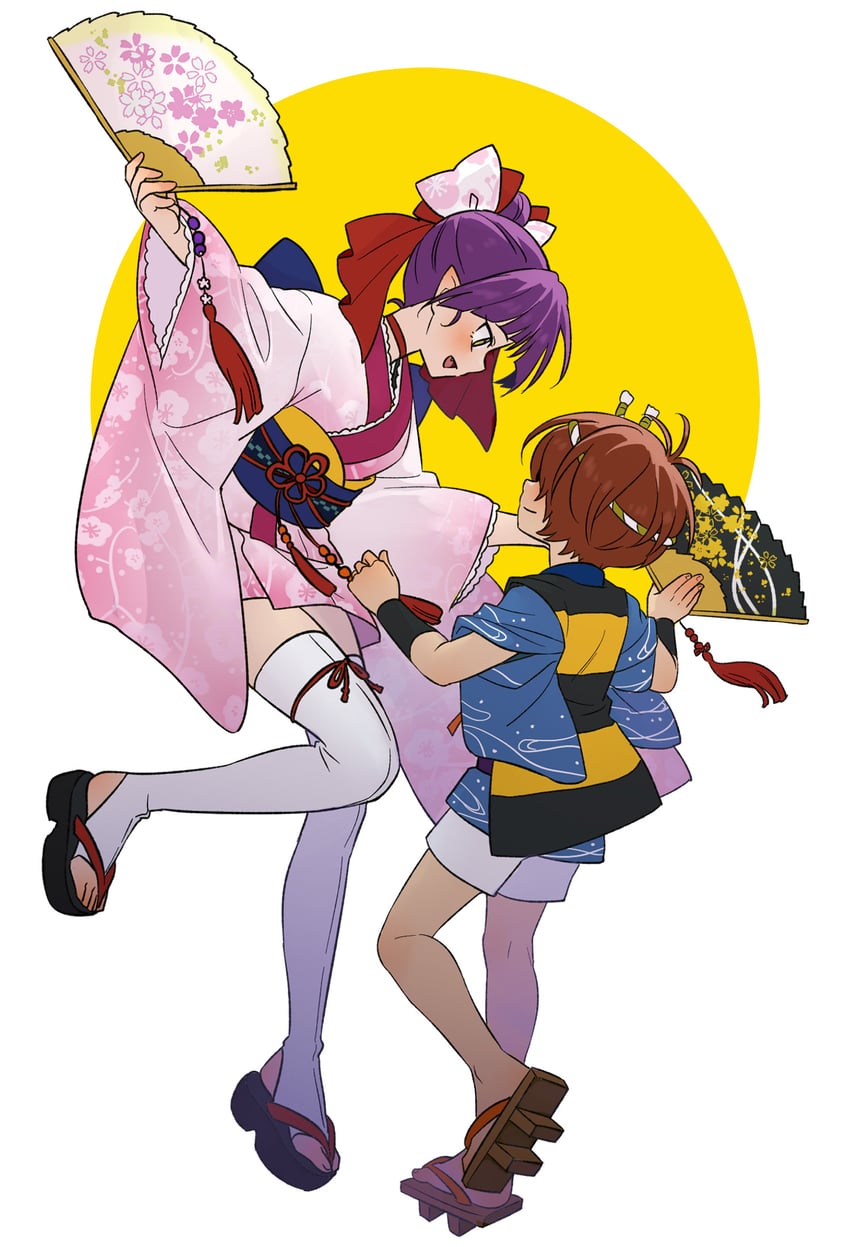 鬼太郎、鬼太郎、猫娘 1名男孩 1名女孩 后背蝴蝶结 蓝色蝴蝶结 蓝色和服
