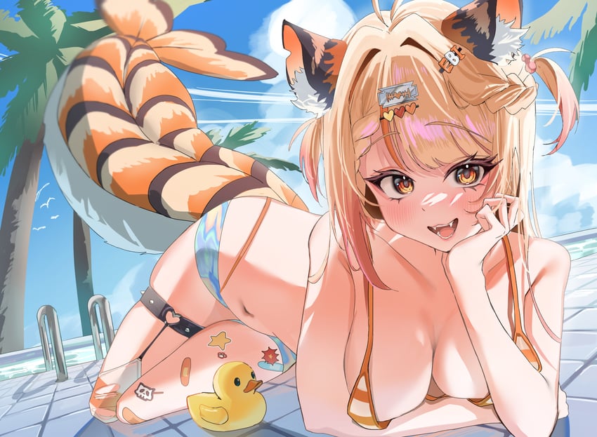 个人势虚拟主播、海老子 (VTuber) 1名女孩 兽耳 比基尼 金发 辫子