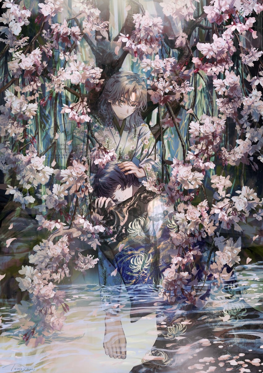 原创 1名男孩 1名女孩 黑色连衣裙 黑发 樱花