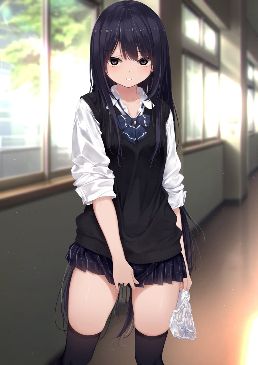 原创 1名女孩 手放在身体两侧 黑瞳 黑色过膝袜 蓝色蝴蝶结