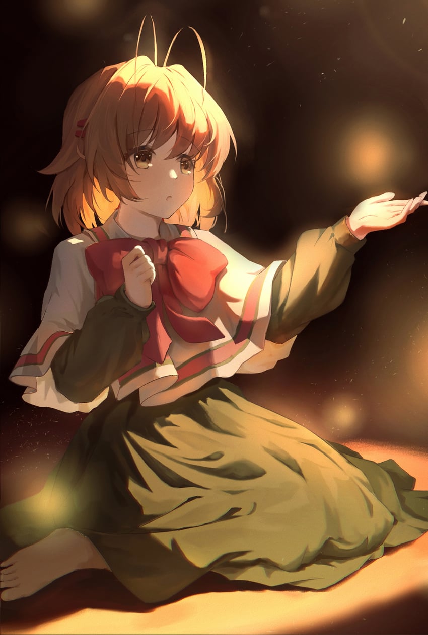CLANNAD、七目渚 1名女孩 呆毛 赤脚 黑色连衣裙 蝴蝶结