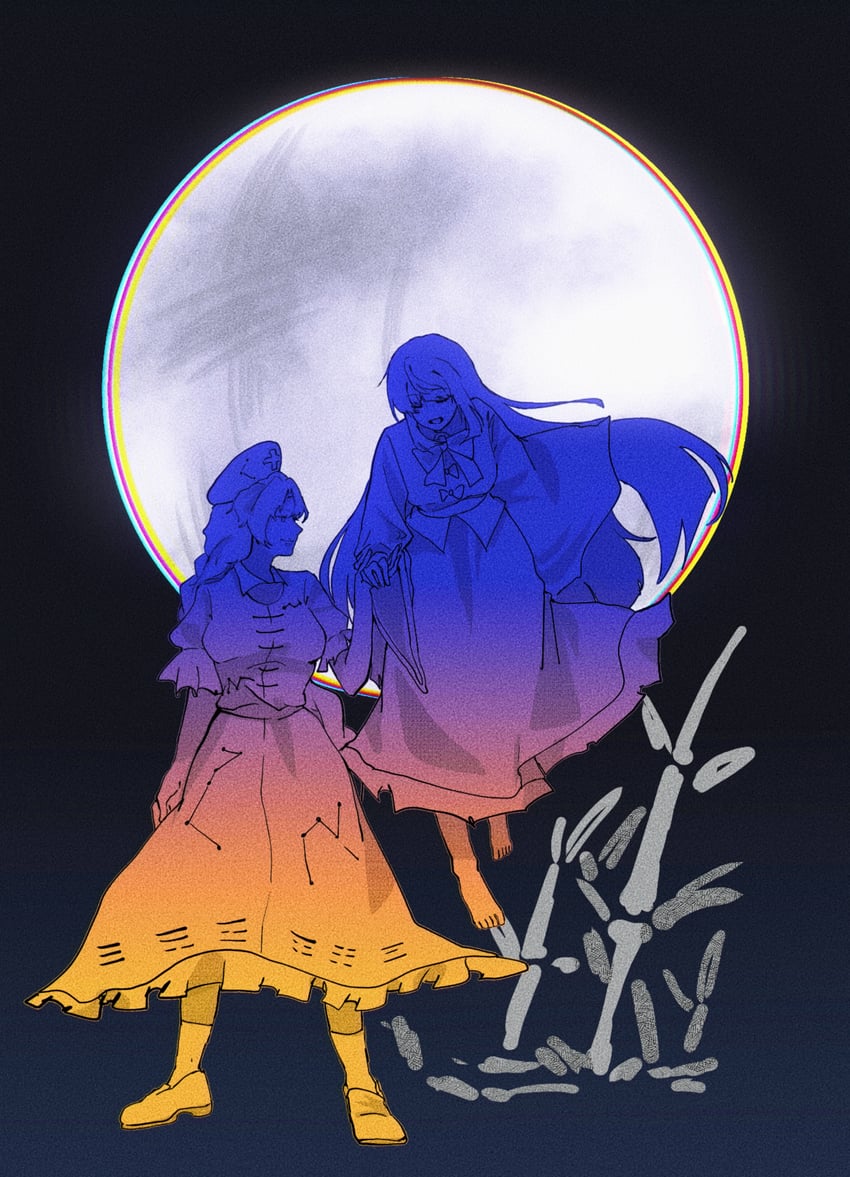 东方Project、蓬莱山辉夜、八意永琳 2名女孩 竹子 赤脚 蝴蝶结 蝶形领结