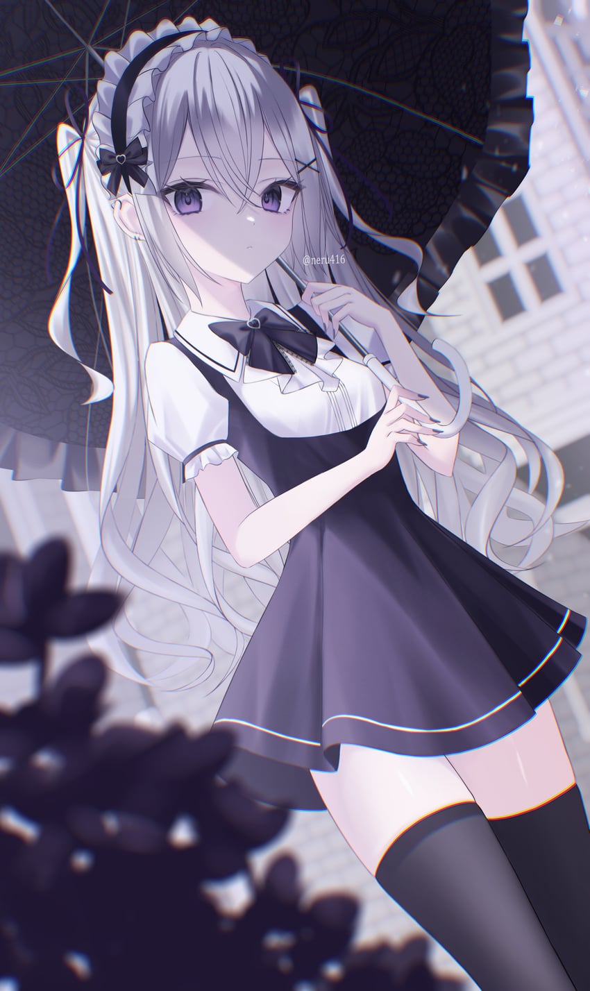 原创、naru (iris37337) 1名女孩 黑色蝴蝶结 黑色蝶形领结 黑色连衣裙 黑色发带