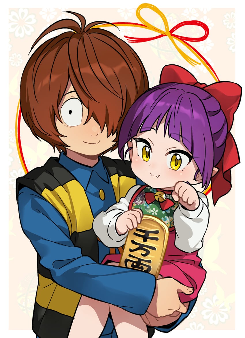 鬼太郎、鬼太郎、猫娘 1名男孩 1名女孩 铃铛 黑瞳 蓝色衬衫