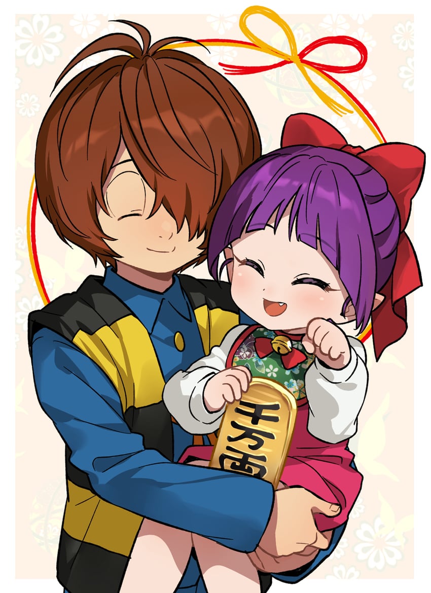 鬼太郎、鬼太郎、猫娘 1名男孩 1名女孩 微笑 铃铛 蓝色衬衫