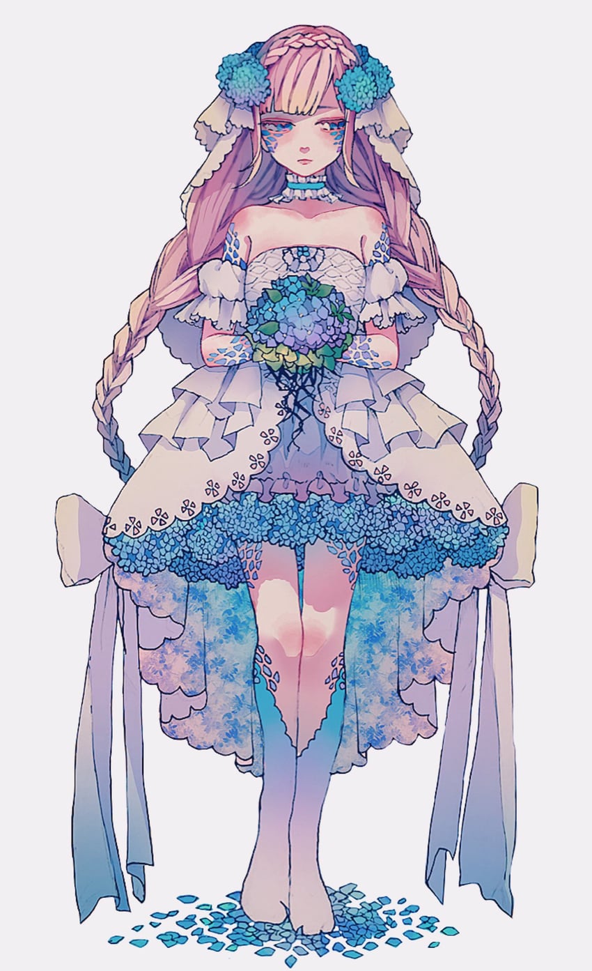 原创 1名女孩 露肩 蓝眼 蓝花 蓝色鳞片