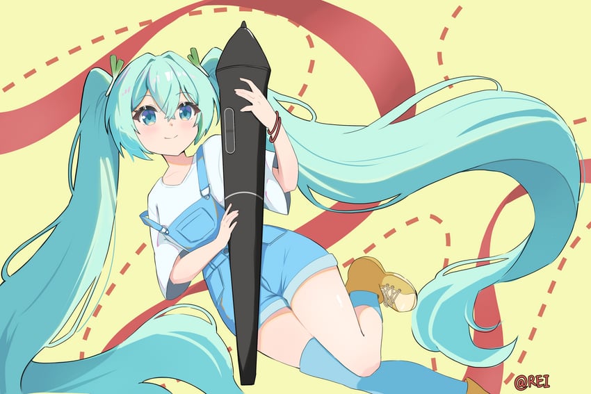 VOCALOID、初音未来 1名女孩 替换服装 水色发 作者名 蓝眼