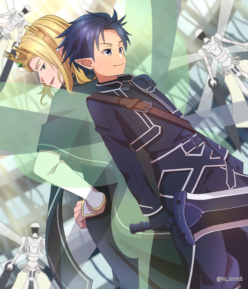 刀剑神域、桐人、桐人 (SAO-ALO) 2个男孩 armored jacket 作者名 背靠背 黑发
