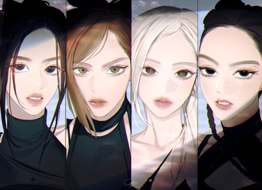 BLACKPINK、金珍妮 (BLACKPINK)、金智秀 (BLACKPINK) 4个女孩 黑色眼线 黑发 金发 辫子