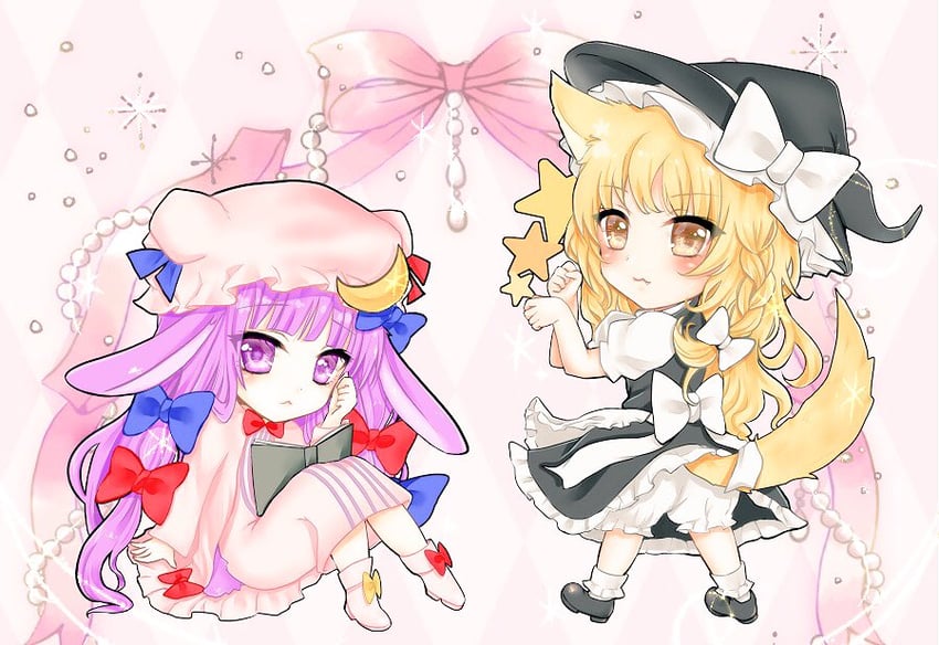 东方Project、雾雨魔理沙、帕秋莉·诺蕾姬 2名女孩 猫脸笑 兽耳 围裙 后背蝴蝶结