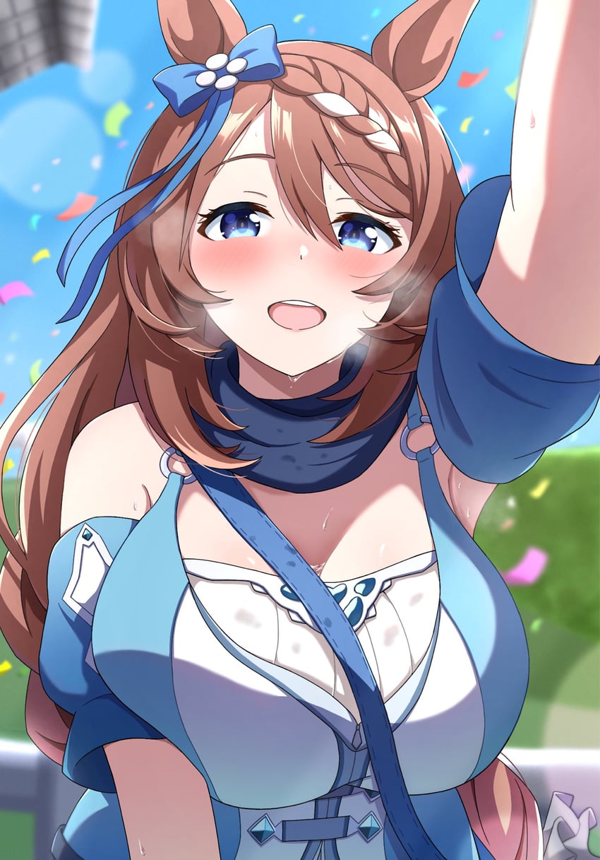 赛马娘、超级小溪 (溪流呢喃) (赛马娘)、超级小海湾 (赛马娘) 1名女孩 :D 兽耳 蓝色蝴蝶结 蓝色连衣裙