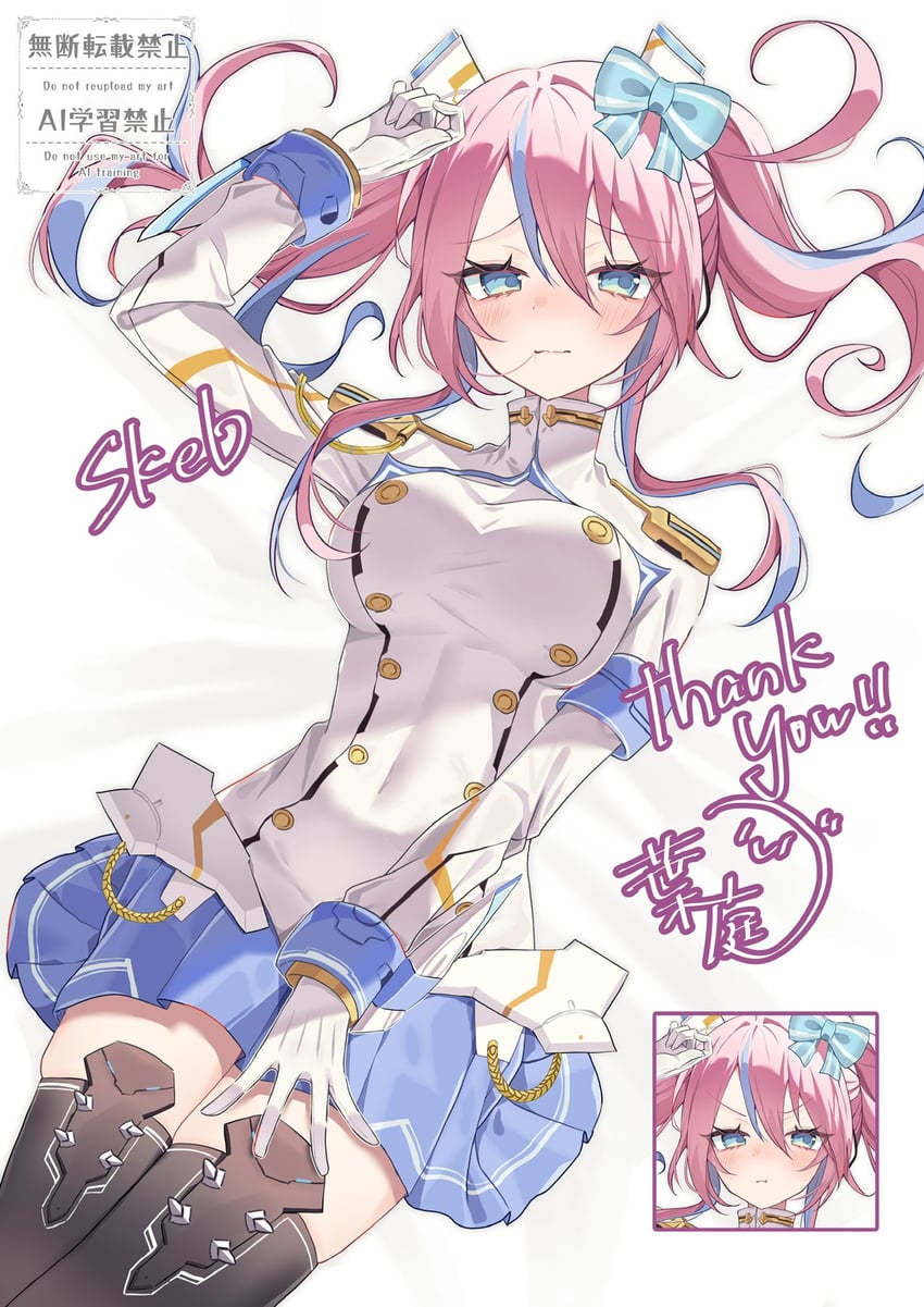 中二节奏、selene cheryl (chunithm) 1名女孩 举手 蓝发 脸红 蝴蝶结