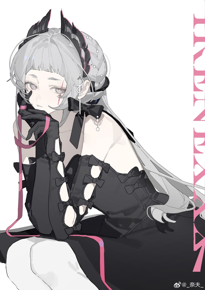 明日方舟、艾丽妮 (明日方舟) 1名女孩 黑色蝴蝶结 黑色连衣裙 黑色手套 齐刘海