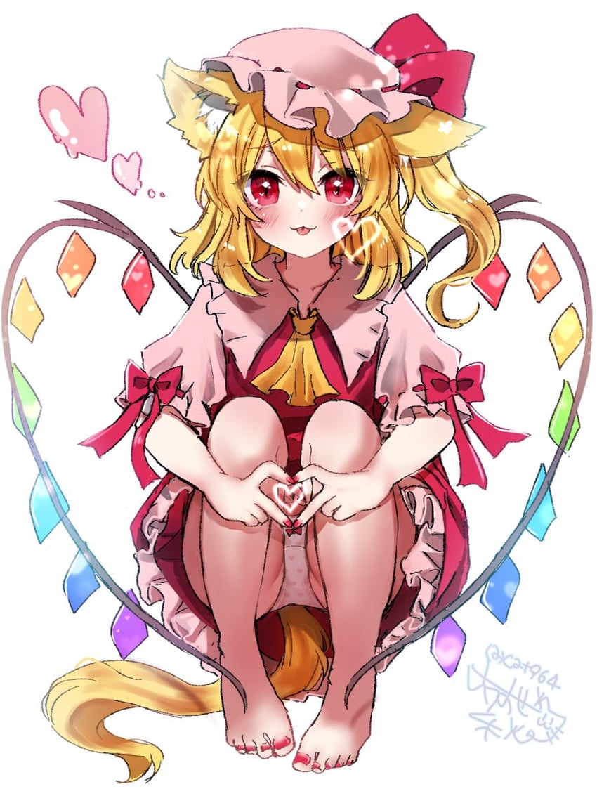 东方Project、芙兰朵露·斯卡蕾特 1名女孩 猫脸笑 兽耳毛 兽耳 阿斯科特领巾