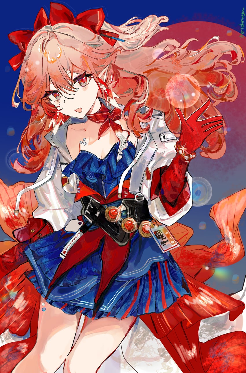 明日方舟、榛果 (明日方舟) 1名女孩 作者名 蓝色背景 蓝色连衣裙 蝴蝶结