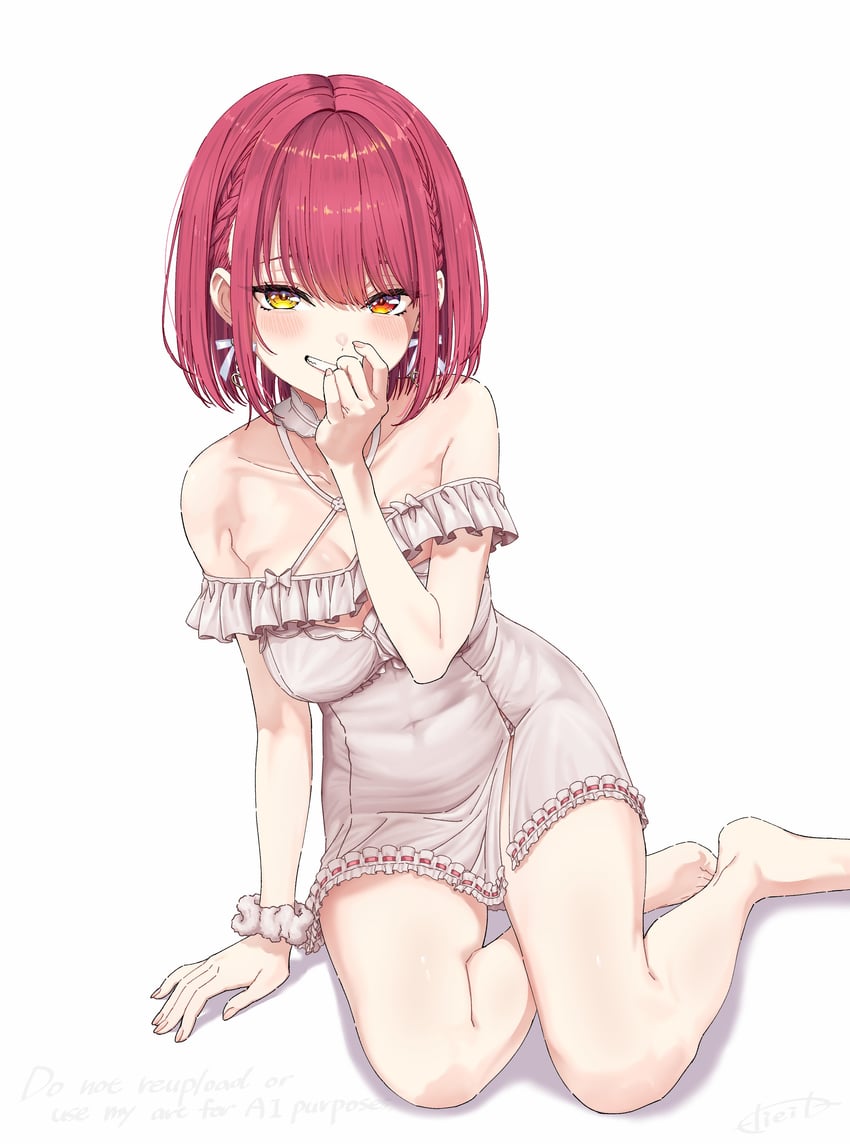 Hololive、宝钟玛琳、宝钟玛琳 (家居服) 1名女孩 露肩 赤脚 波波头 蝴蝶结