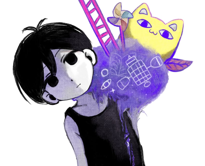 OMORI、大黄猫 (Omori)、Omori (OMORI) 1名男孩 呆毛 黑瞳 黑发 黑色背心